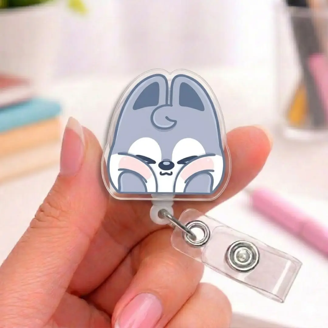 Funny Kpop Inspired Sparkly Retractable Badge Reel Cute Wolf Rabbit Puppy Acrylic ID Holder For Nurse Teacher Kpop Fan Gift