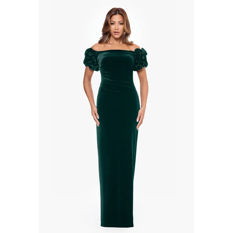 green emerald velvet dress Tessa" Long Glitter Off the Shoulder Ruffle Dress