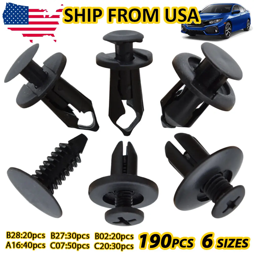 Automotive Car Fastener Trim Clips - 190-Piece, 6-Size GM B28 C07 Auto Rivet Retainers for Panel, Bumper, Hood, Door Accessories