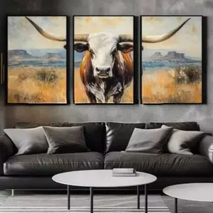 3pcs Rustic Long-Horned Cow Canvas Art Print Unframed, Modern Western Home Office Cafe Wall Decor, No Ca Prop 65 Warning