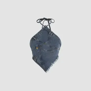 Cider [size 0-10] Denim Fringe Zipper Up Halter Crop Top