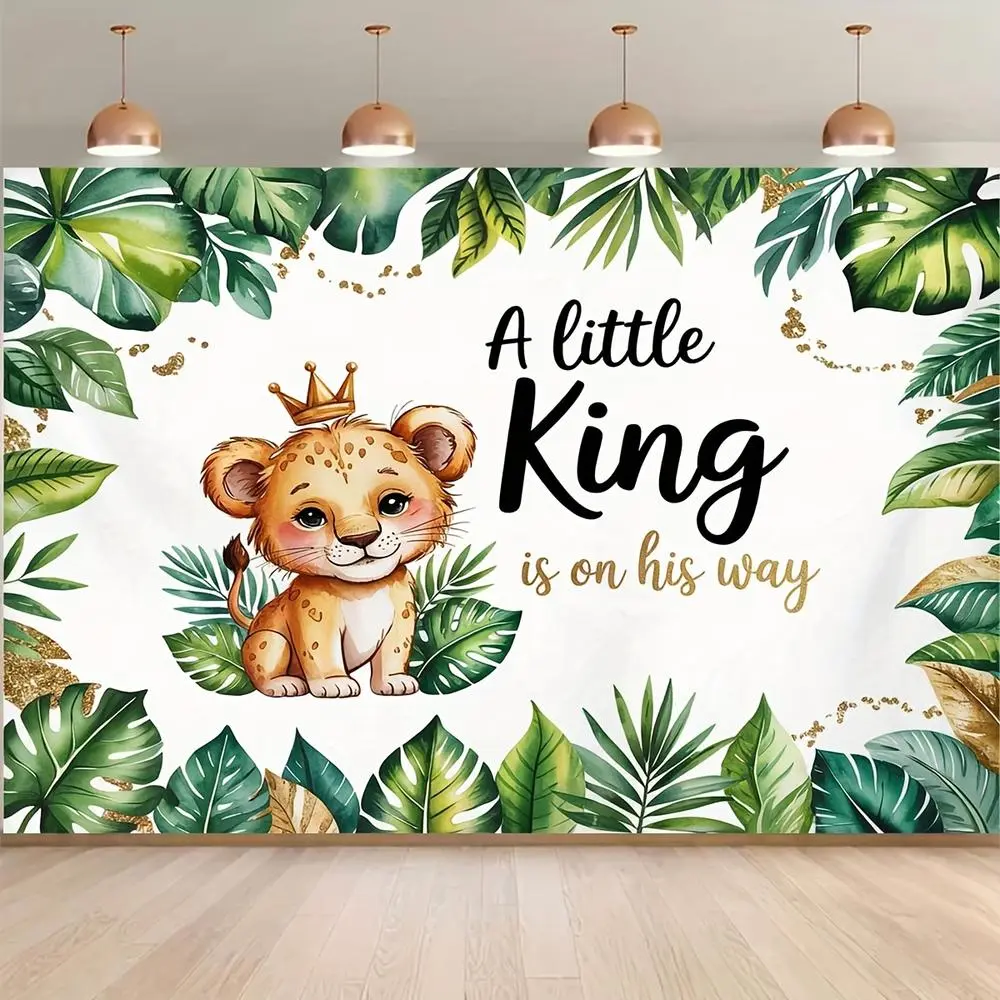 1pc Cute 2D Flat Lion Cub Jungle-Themed Wall Hanging Backdrop Banner - "A Little King Is On His Way" Slogan, Vibrant Tropical Leaves, Crown Design - Baby Shower, Photo Studio Prop