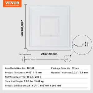 VEVOR Ceiling Tiles, 12-Pack 24x 24 in, Drop Ceiling Tiles Premium PVC Sheet, Easy Installation/ Cutting Plastic Glue-up Ceiling Tile, Ceiling Covering for Home/Office Decoration, White Geometric
