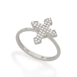 RHODIUM STUDDED CROSS RING