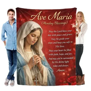 Ave Maria Monday Blessings Flannel Blanket Virgin Mary Rosary Prayer Quote Print Soft Warm Lightweight Cozy Throw Perfect for Bedroom Decor Prayer Room Catholic Devotion Spiritual Gift for Believers