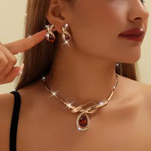 [3pcs Hot Selling Necklace Set] 3pcs Golden Alloy Inlaid Red Water Drop Artificial Diamond Necklace Earrings Set | Hot Selling, Bridal Accessory Gift