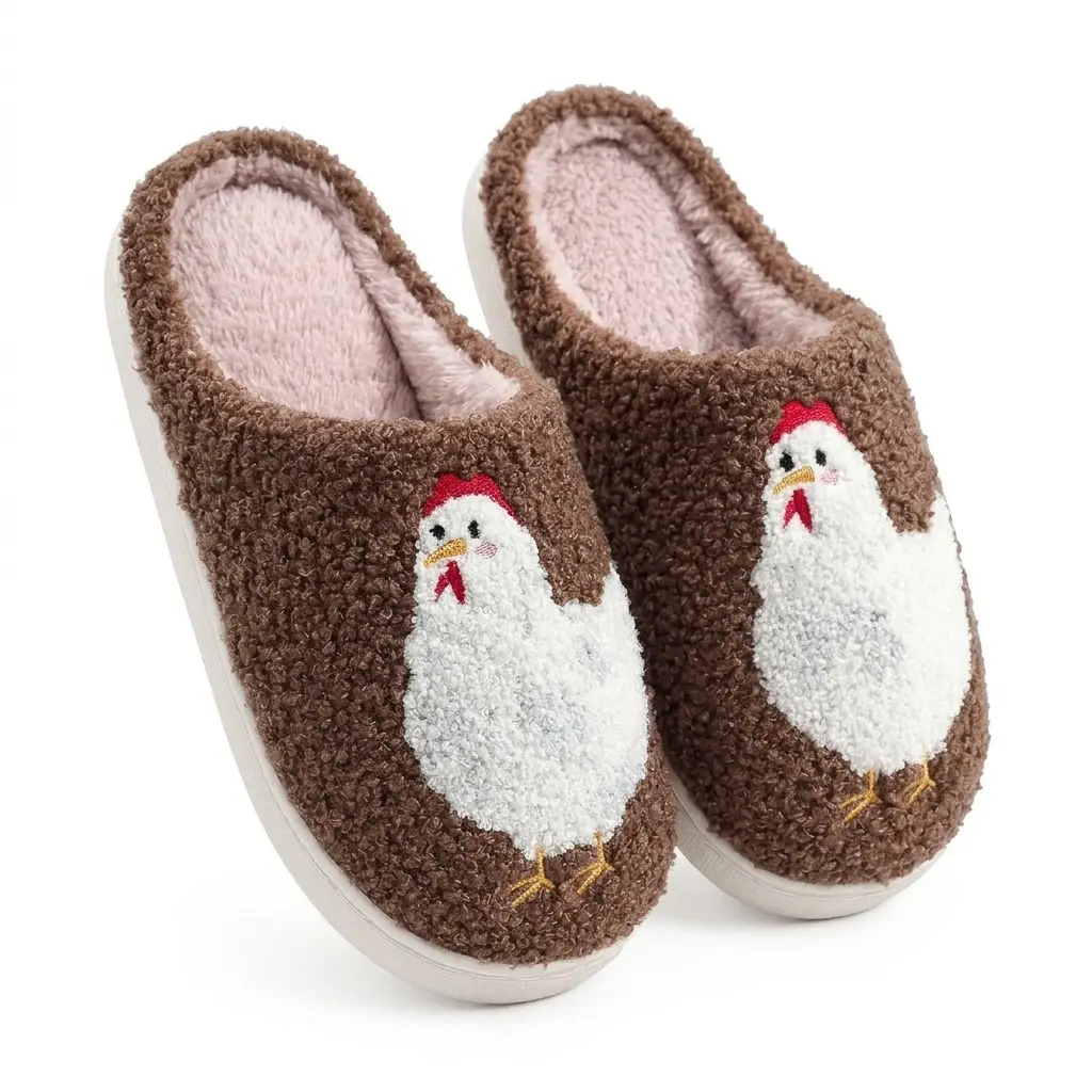 Women's Soft Plush Hen Slip-On Ankle Slippers - Fluffy Warm Cotton Casual Elegant Indoor Shoes with Cute Chicken Embroidery, Fall Winter Gift for Farm Parents, Soft Texture Women's Fashion Slippers, Flat Slip-On Women's Fashion Slippers