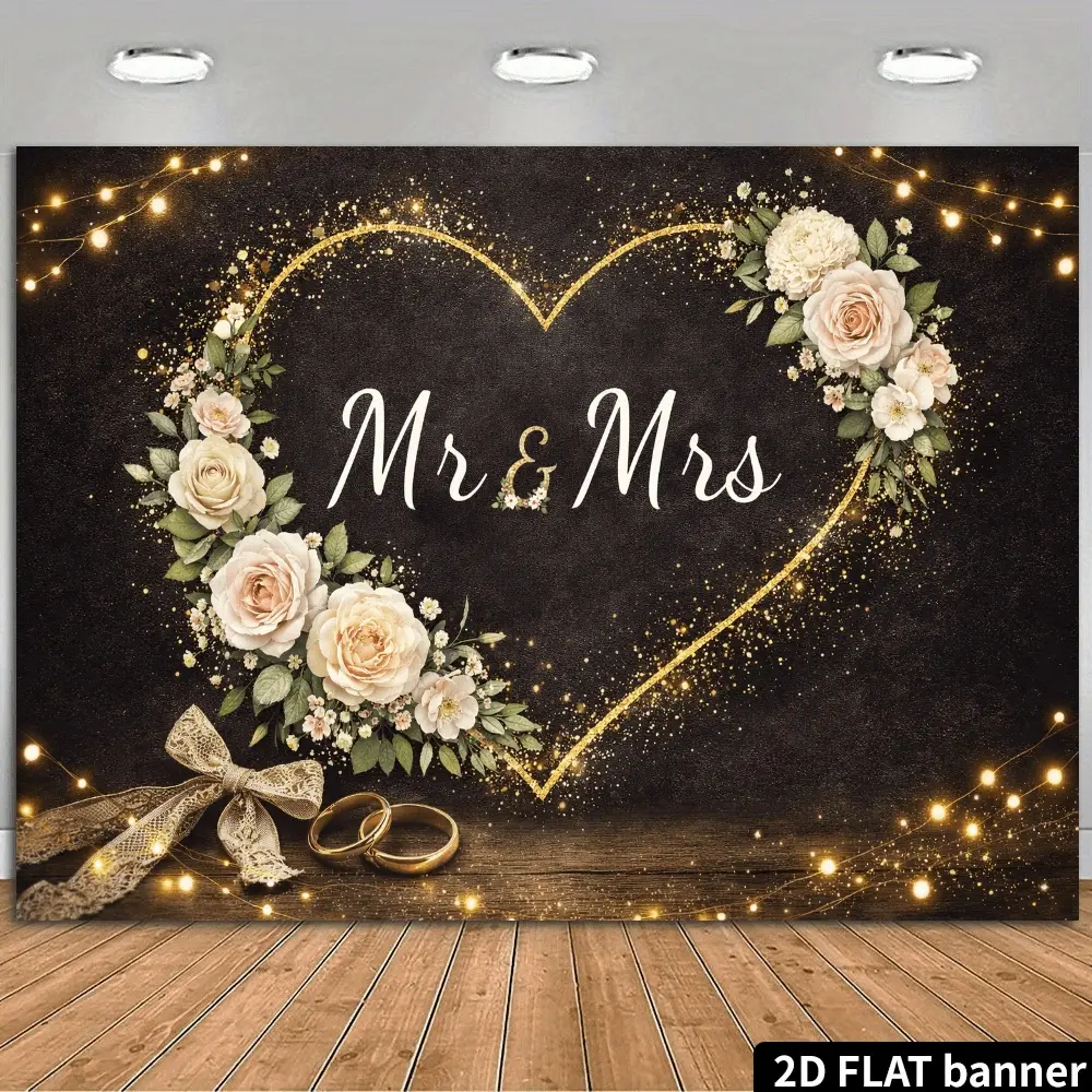 1pc Heart-Shaped Mr & Mrs Wedding Backdrop, Wedding Reception Backdrop with Golden Frame & Sparkling String Lights, Black Background Suitable for Weddings, Photo Booth Backgrounds, Backdrops for photoshoot