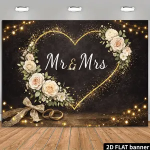 2D Flat Banner, 1pc Heart-Shaped Mr & Mrs Wedding Backdrop with Golden Frame & Sparkling String Lights - Black Background Suitable for Weddings, Engagements, Photo Booth Backgrounds, Mr & Mrs Signage, Decorati, Wedding Wall Decoration