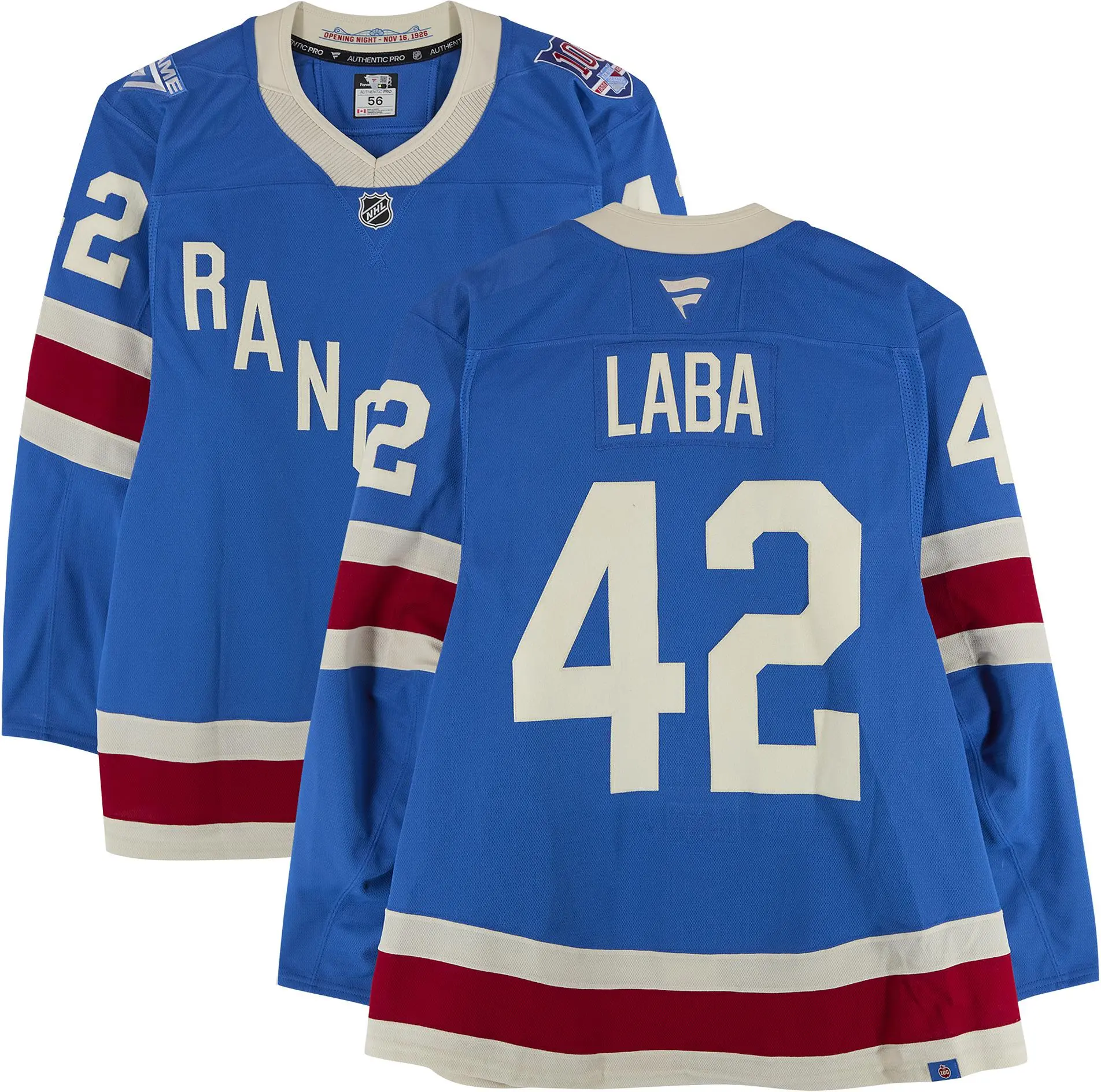 Noah Laba New York Rangers Game-Used #42 Blue Centennial Jersey vs. Boston Bruins on January 26, 2026 - Fanatics Authentic Certified