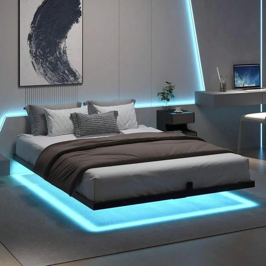 LED Metal Platform Bed Frame, Floating Bed Frame With Heavy Duty Steel Slats, No Box Spring Needed, Easy To Assemble, Full/ Queen/ King, Black (USB LED Strip)