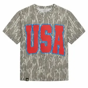 USA Camouflage Tee – Bold Red _USA_ Graphic on Camo Print T-Shirt Bottomland Mossy Oak Camo Tee - Hunting Camo Shirt, Soft Stretch Cotton, Full Size S-5XL