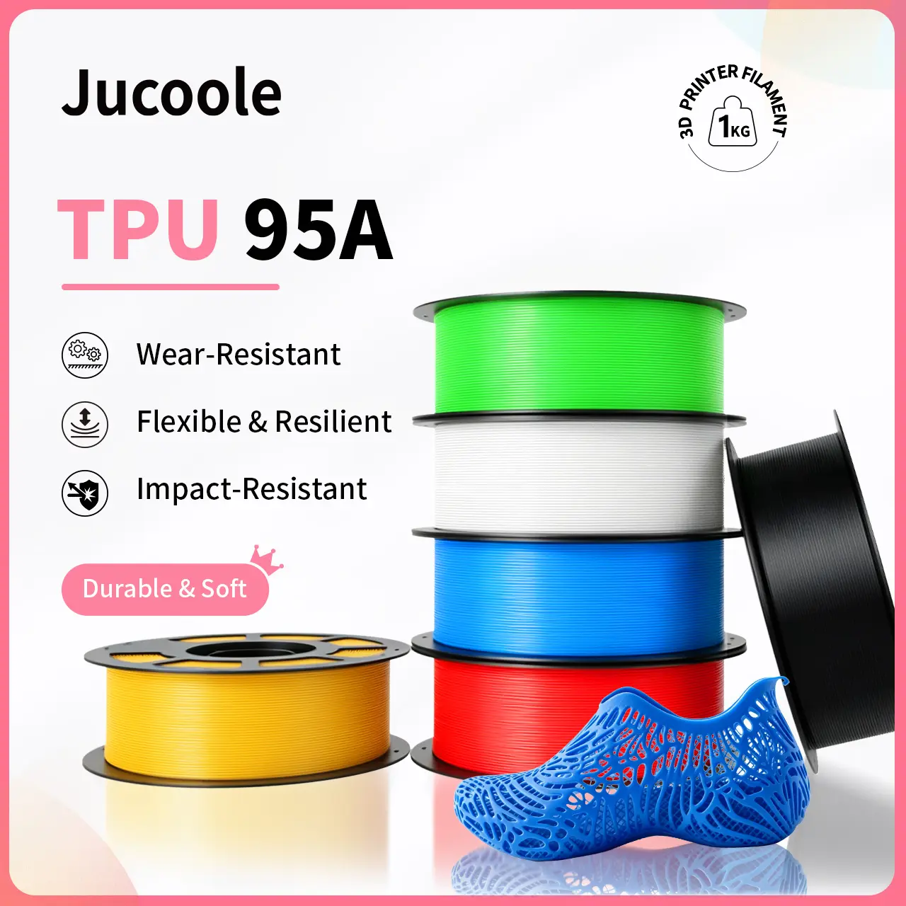 TPU 3D Printer Filament, 1.75mm 95A 1kg Flexible Filament for FDM 3D Printers, High Elasticity, Exceptional Toughness, Clog-Free, Tangle-Free