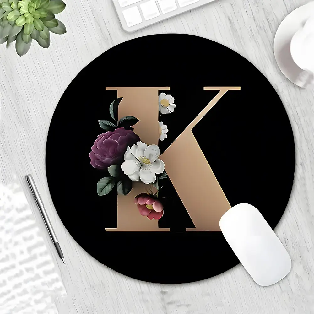 Cute Minimalist Black-Gold Floral Letter K Round Gaming Mouse Pad, Desktop Decoration Pad, Desktop Accessory, Desk Accessories, Non-Slip Rubber Lock Edge Small Size Pad, Suitable For Laptops And Desktops, Ideal Custom Gift For Family And Friends