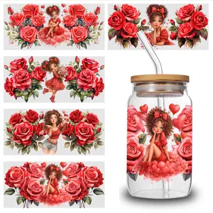 5 Sheets Girl Roses UV DTF Stickers UV DTF Cup Wraps Stickers - for 16 Ounce Libbey Cups - Animal 3d Crystal Label - Waterproof And Scratch Resistant Sticker - DIY Sticker for Glass Cups And Bottles