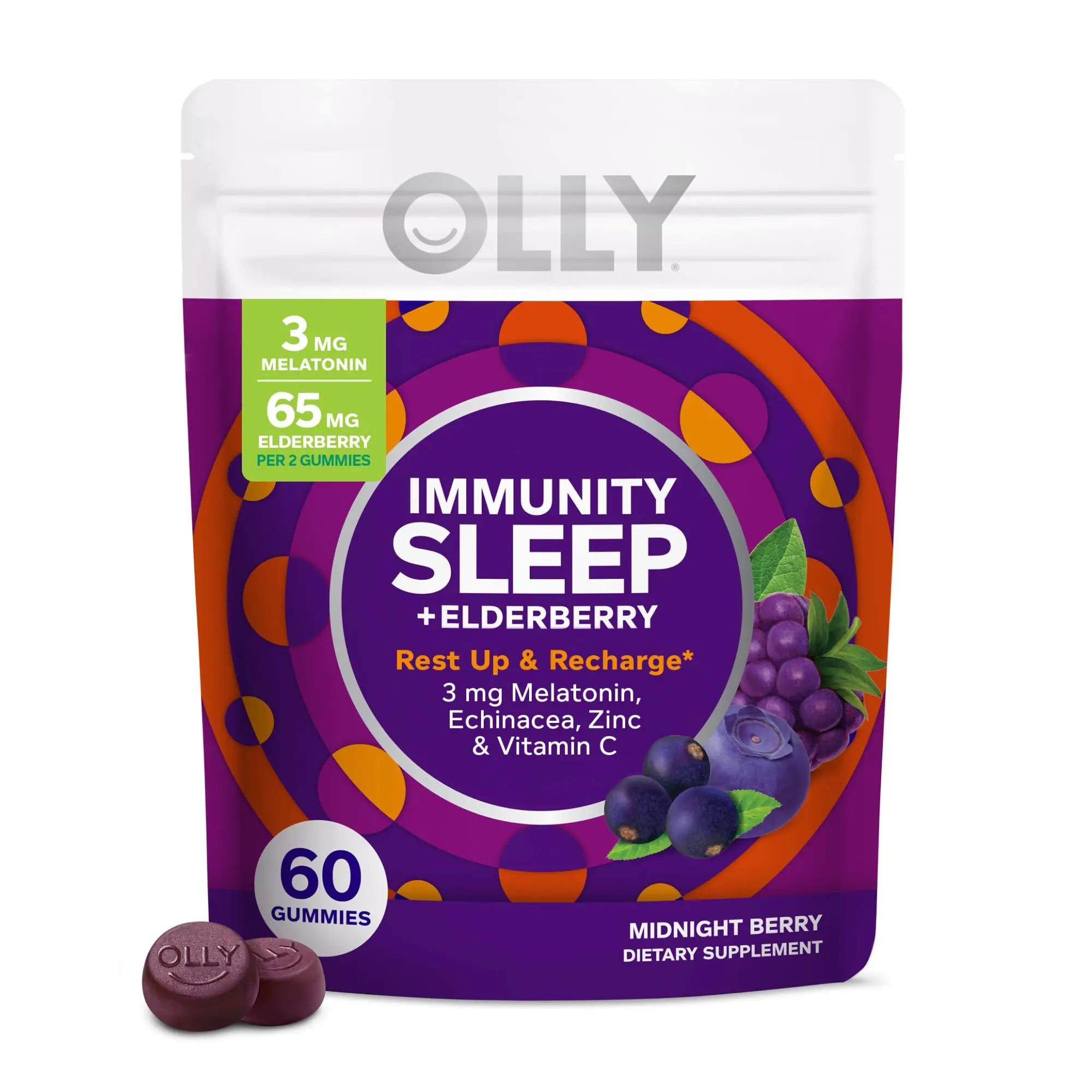 (A)OLLY Immunity Sleep Gummies – Immune & Sleep Support with 3mg Melatonin, Echinacea, Zinc & Vitamin C, Nighttime Chewable Supplement, Berry Flavor, 60 Count