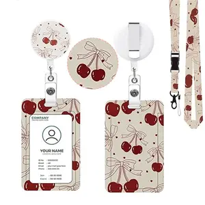 Cute Cherry ID Badge Holder Set, Adjustable Badge Reel, Business Work Badge Stand, Nurse Name Card Clip, Detachable Lanyard, Office Supplies