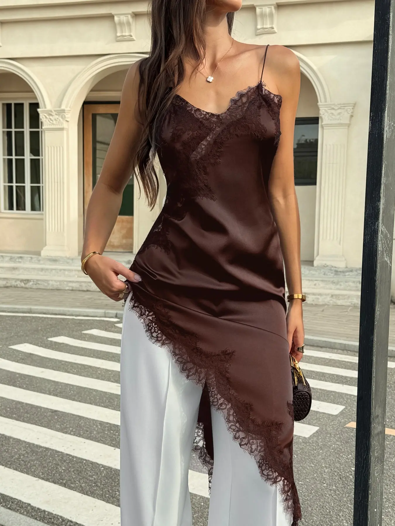 Womens Black Lace Trim Slip Cami Top Satin Look Spaghetti Strap Sleeveless  Layering Tunic Asymmetrical Hem Soft Lightweight Thin Fabric Sexy Slim Fit  Elegance Feminine Y2K Chic Street Style Casual Party Date