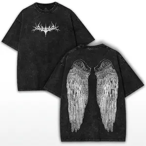Y2K Gothic Angel Wing Graphic Tee – Washed Oversized Streetwear Shirt for Dark Aesthetic Everyday Wear, Club Nights, Concerts or Alternative Fashion Style