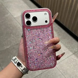 Luxury Sparkly Phone Case With Rhinestone Trim The Artwork Features A Dense Layer Of Colorful Glitter And A Rhinestone Border Creating A High-Shine Eye-Catching And Glamorous Aesthetic For iPhone 17 16 15 14 13 12