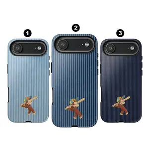 Curious George Inspired Baseball Phone Case | Cute Monkey Hitting Bat Sports Denim Stripe for iPhone X, 11, 12, 13, 14, 15 & more –  SS Galaxy S21 to S25 Ultra, Plus with Suction