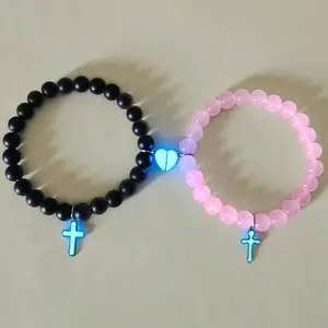 2pcs/set fashion couple bracelets for men and women, magnetic heart, cross glow in the dark, suitable as a jewelry gift for Valentine's Day