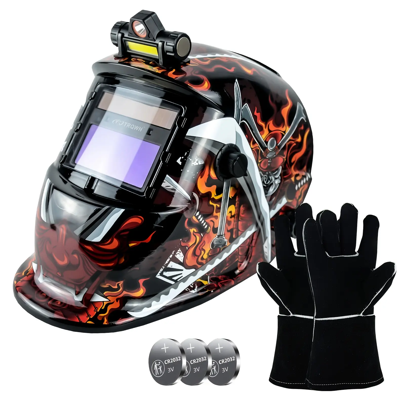 TRQWH Auto Darkening Welding Helmet with Flame Design and Gloves, True Color Lens, Adjustable Shade 4/9-13, TIG MIG ARC Welding Hood