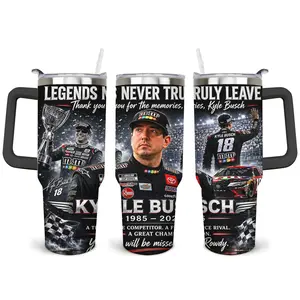 NASCAR Kyle Busch 18 Tumbler With Handle Straw, M&Ms No.18 Race Car Toyota Rowdy Tribute Cup, Legends Never Truly Leave 1985 2022 Memories Thank You Gift For Racing Fan Men, A Legend's Legacy In Loving Memory Tribute Cup, 1985 - 2026 RIP Insulated Mug