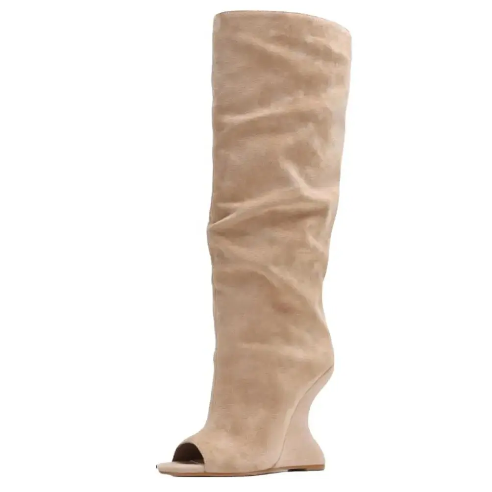 AMINUGAL Knee-High Boots for Women, Stylish Slouchy Suede Footwear with an Open-Toe Design and Inverted Wedge Heel for Casual Active Wear