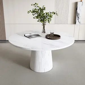 47" Round Marble Veneer Dining Table Modern Farmhouse Wood Base 4-6 Person Scratch Resistant Easy Clean White Kitchen Table for Dining Room Living Room Nordic Table mesa para comedor