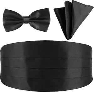 Men's Cummerbund Bow Tie Set Adjustable Solid Color Tuxedo Cummerbund and Bow Tie Pocket Squares Black