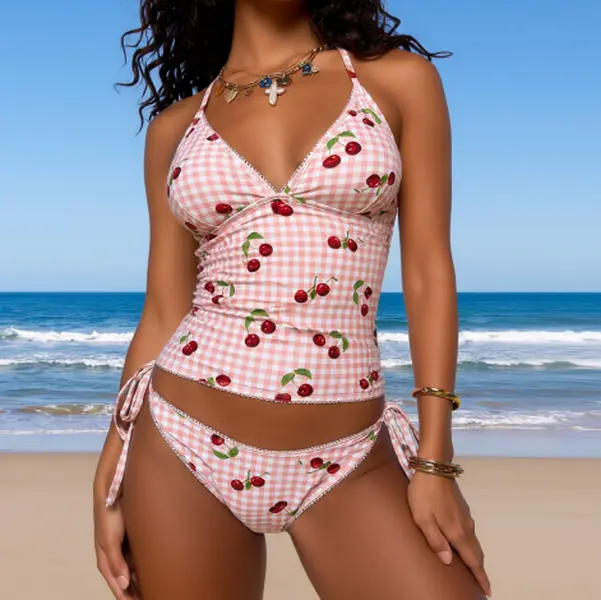 Women's 2-Piece Tankini Suit, Americana Cherries Pattern Gingham Print Halter V-Neck Ruched Tank Top with Pink Plaid, Matching Side Tie High-Cut Bikini Bottoms, Swimsuit for Women for Summer