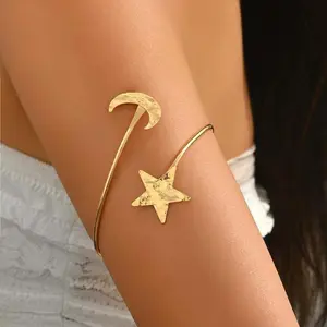 Fashion Gold Color Star Moon Open Arm Bracelet for Women Vintage Metal Adjustable Geometric Lines Cuff Bracelet Jewelry Gifts