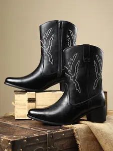 Men's Denim Boots Daily Embroidery Casual Low Heel Rubber Sole, Patchwork PU Upper, Mid-Calf Height, All Seasons Wear