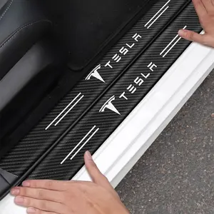 1/4/5PCS TESLA  Car Door Threshold Protector Decal Carbon Fiber Car 3D Tape Sticker Door Mirror Paste Protector Strip DIY Protection Protective Film Waterproof Adhesive For TESLA Auto Accessories Interior