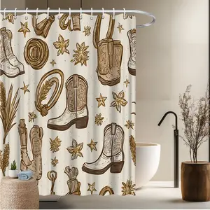 1pc Western Style Bath Curtain-2D Cowboy Boots Rope Stars and Floral Printed Shower Curtain Fashion Home Decoration Bathroom Decor 70.8x70.8 inches