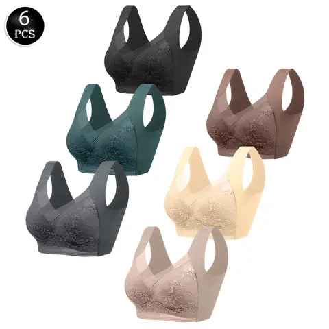 Women's 6-Piece Seamless Comfy Wireless Easy Everyday Bra Set - Contrast Lace, Breathable Elastic Flex Fabric, Push-Up Shapewear, Contrast Mesh, Strapless-Compatible, Ideal for Daily Wear, Birthday Gift Option, Easy Everyday Bras