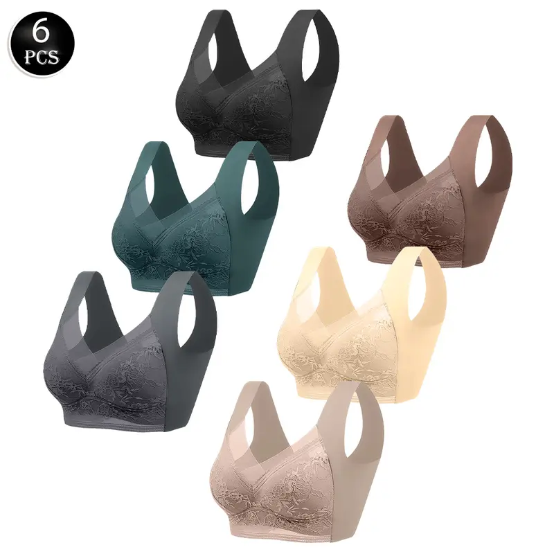 Women's 6-Piece Seamless Comfy Wireless Easy Everyday Bra Set - Contrast Lace, Breathable Elastic Flex Fabric, Push-Up Shapewear, Contrast Mesh, Strapless-Compatible, Ideal for Daily Wear, Birthday Gift Option, Easy Everyday Bras