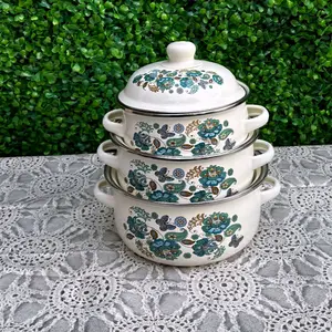 Set of 3 Enamel Pots With Lids
