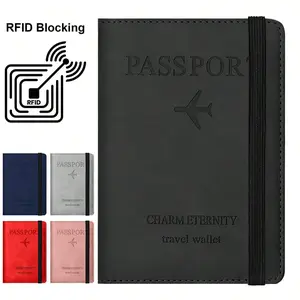 1PC Creative Airplane Pattern Travel Passport Clip, RFID Shielded Passport Cover Card Clip, Solid Color PU Letter Portable Passport Wallet, Suitable For Credit Cards/ID Cards/Cash/Passports/Bank Cards/Bills