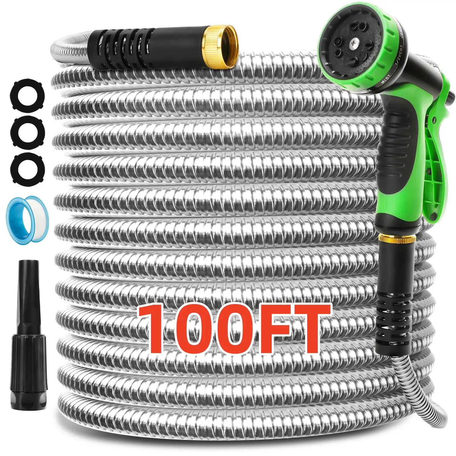 100 FT Garden Hose , Stainless Steel Water Hose with 10 Function Nozzle Flexible, Heavy Duty, Lightweight, No-Kink, Pet Proof, Puncture Proof Hose Metal for Yard, Outdoor