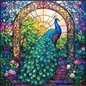 Stained Glass Arch Vibrant Tail Peacock with Blooming Flowers and Greenery Diamond Painting 5D DIY Diamond Painting Kit Full Drill Square Round Diamonds Embroidery Cross Stitch Art Craft Home Wall Decor Unique Gift Room Handmade Decorative Painting Set