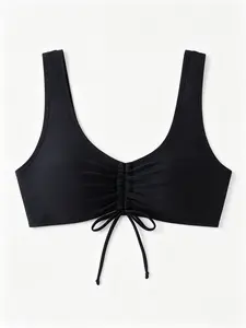 Black Drawstring Ruched Bikini Top, Scoop Neck Swimwear Top, Wide Strap Bathing Suit Top, Adjustable Tie Front Swim Top for Women, Modest Coverage Beachwear