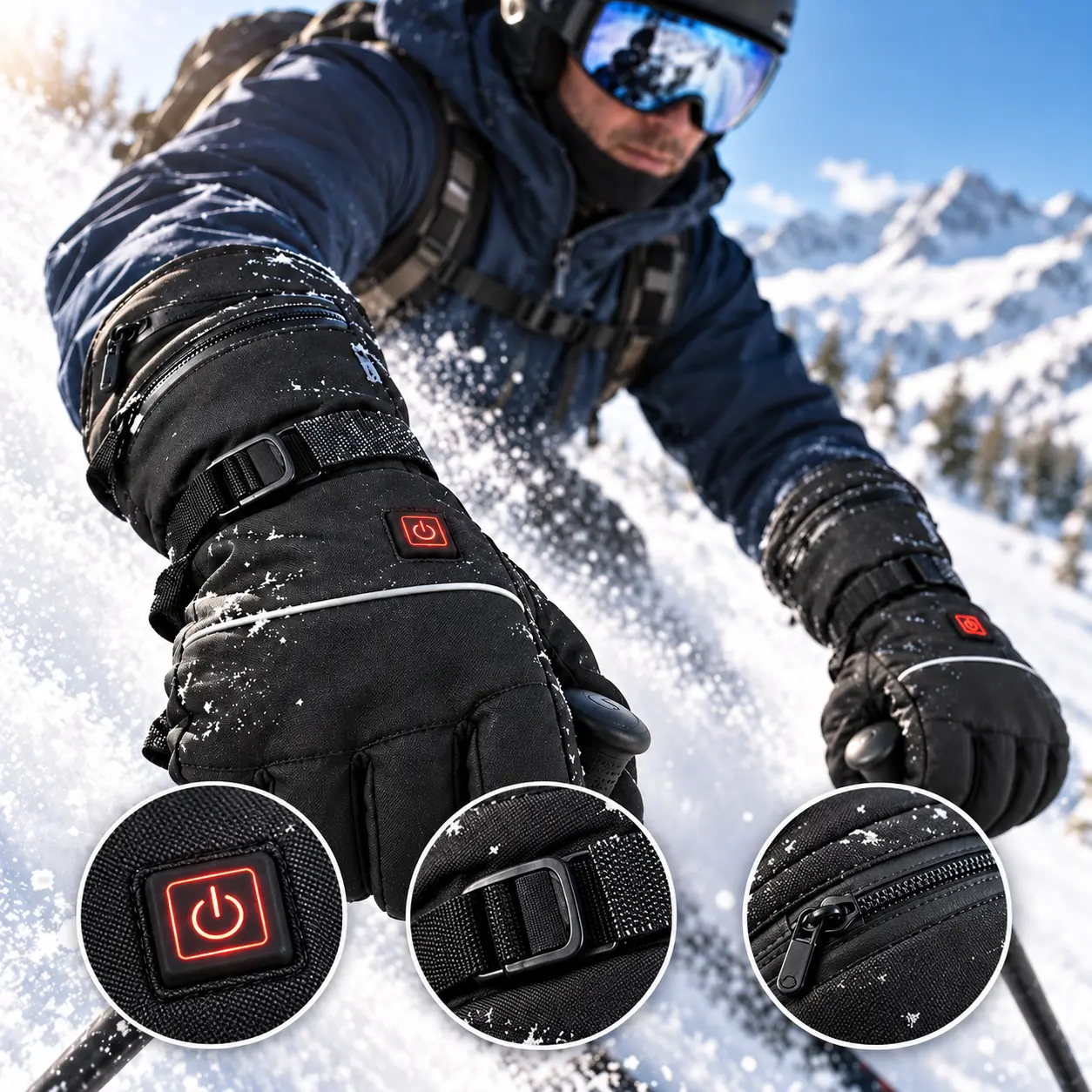 Electric heated winter gloves, featuring touchscreen compatibility, adjustable wrist straps, and extended cuffs. Suitable for cycling, skiing, and daily commuting. Available in black or pink. An ideal winter gift for partners or older family members.