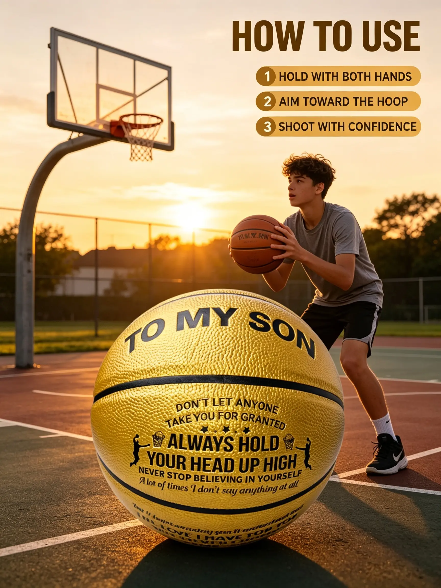 Golden PU Leather Motivation Basketball with Embossed Quotes for Son - Premium Soft Feel Sentimental Gift for Teen Boys, Standard Indoor-Outdoor Ball for Training & Games