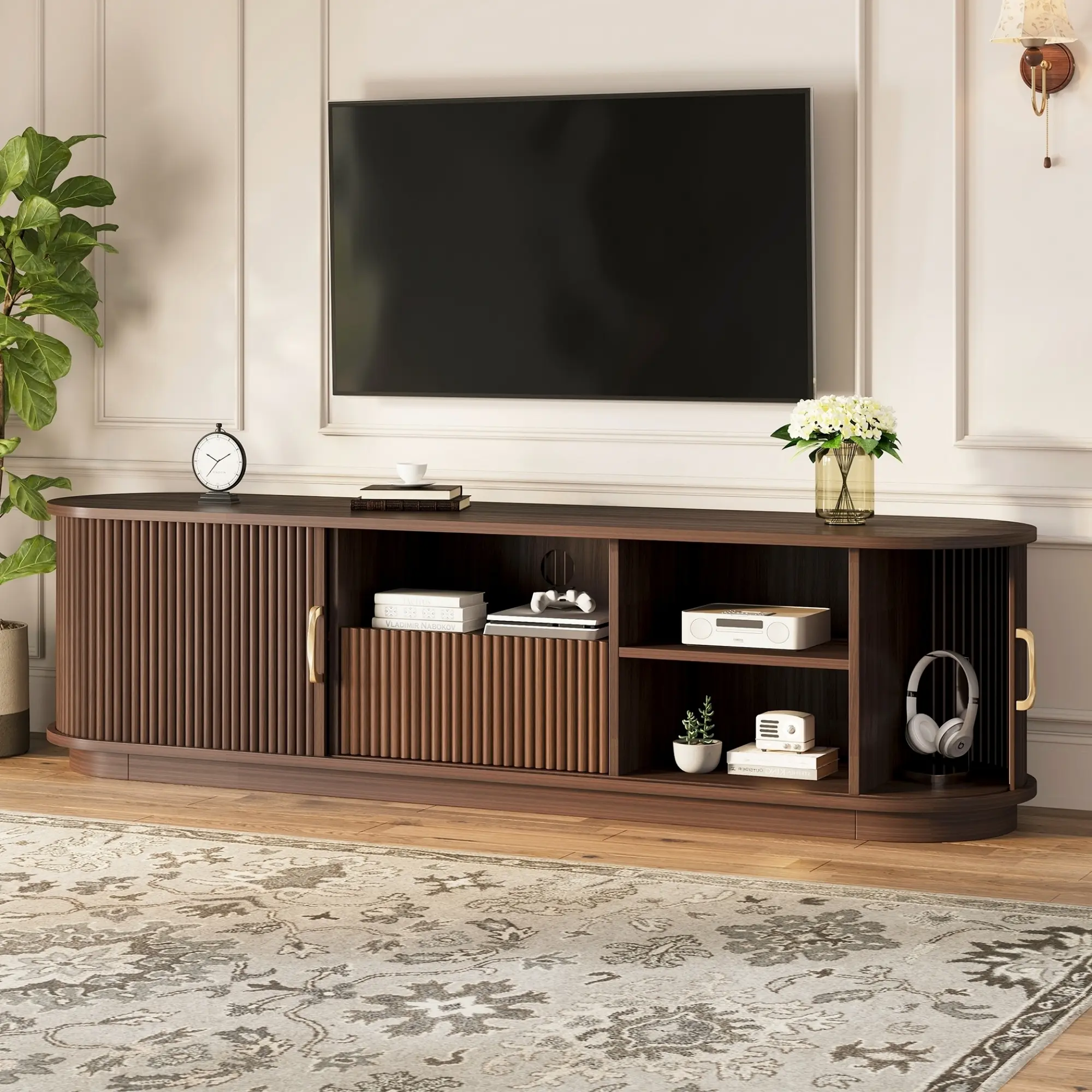 Vintage Rustic TV Stand with Sliding Wood Slatted Doors for TVs up to 75", Farmhouse Fluted TV Cabinet with Drawer, Wood Grain Media Console with Cable Management for Living Room, Bedroom, Walnut Tv Shelf tv stand living room tv stand