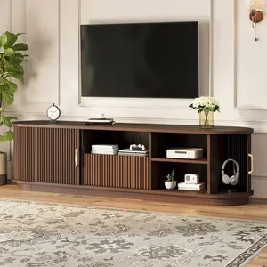 Vintage Rustic TV Stand with Sliding Wood Slatted Doors for TVs up to 75", Farmhouse Fluted TV Cabinet with Drawer, Wood Grain Media Console with Cable Management for Living Room, Bedroom, Walnut