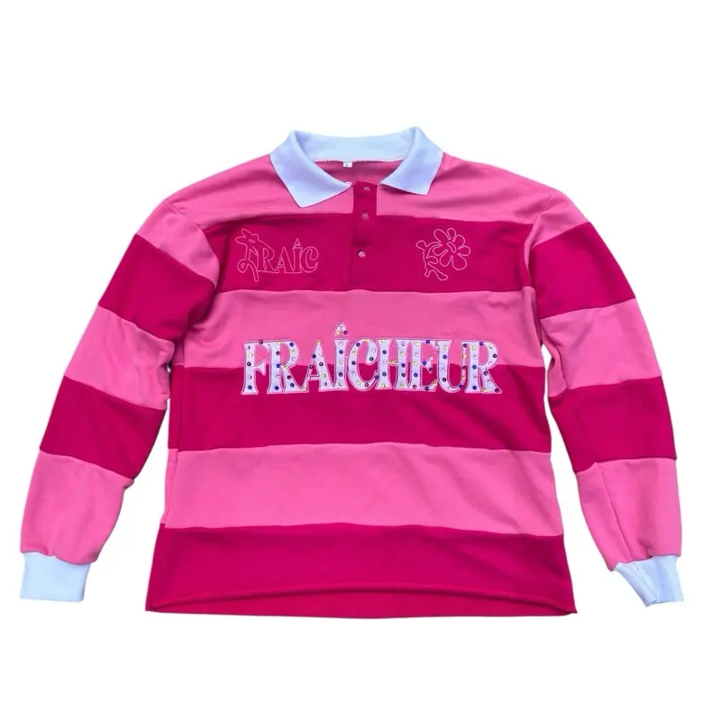 Fraîcheur ''Pink'' Rugby Stripe Long Sleeve Polo Embroidered Soft