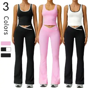 Womens Two-Piece Set Colorblock Contrast Binding Crop Tank Top & Flare Leg Pants Tracksuit Set, Scoop Neck Sleeveless Top & Cross Waist Bell Bottom Trousers, Work Out Sets Women Flared Joggers Fitness Clothing Casual Breathable Sportswear