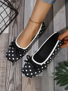 Dot Bowknot Ballet Flat Shoes, Square Toe Foot Shape Correction, Soft Sole Comfortable, Vintage Style, Suitable for Office and Dates